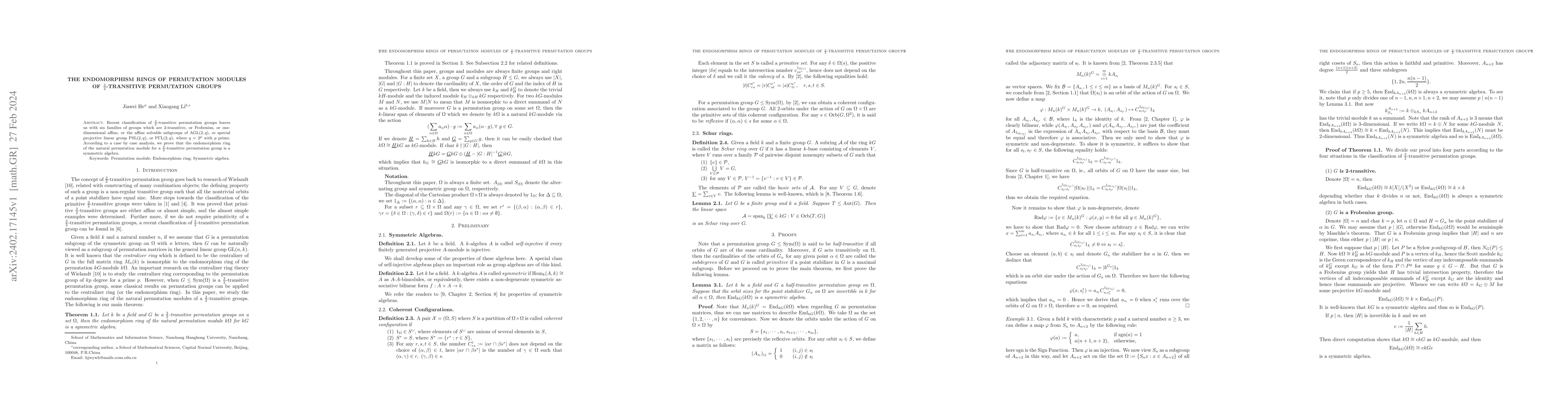 Thumbnail for The endomorphism rings of permutation modules of
  $\frac{3}{2}$-transitive permutation groups