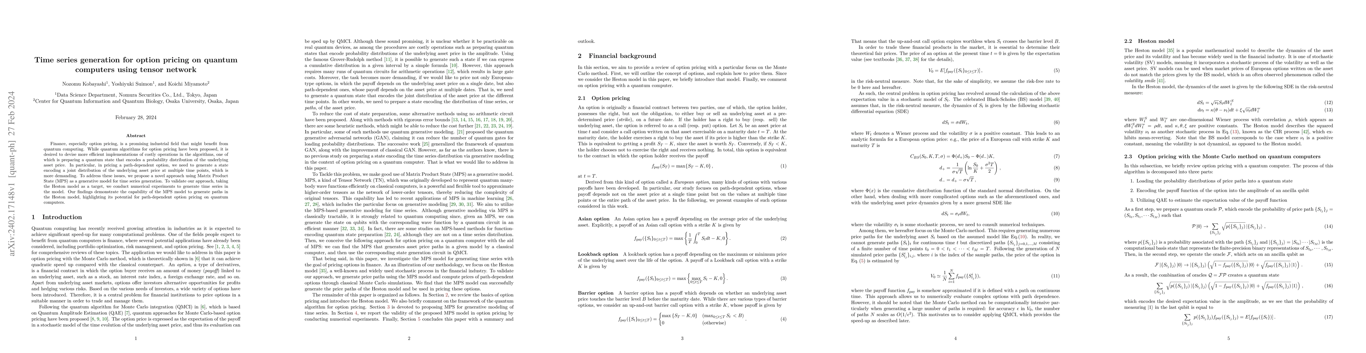 Thumbnail for Time series generation for option pricing on quantum computers using
  tensor network