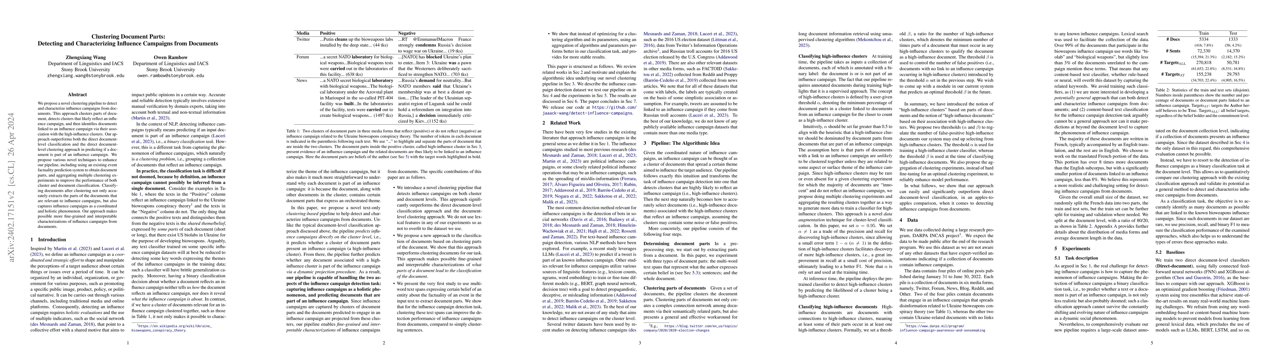 Thumbnail for Clustering Document Parts: Detecting and Characterizing Influence
  Campaigns from Documents