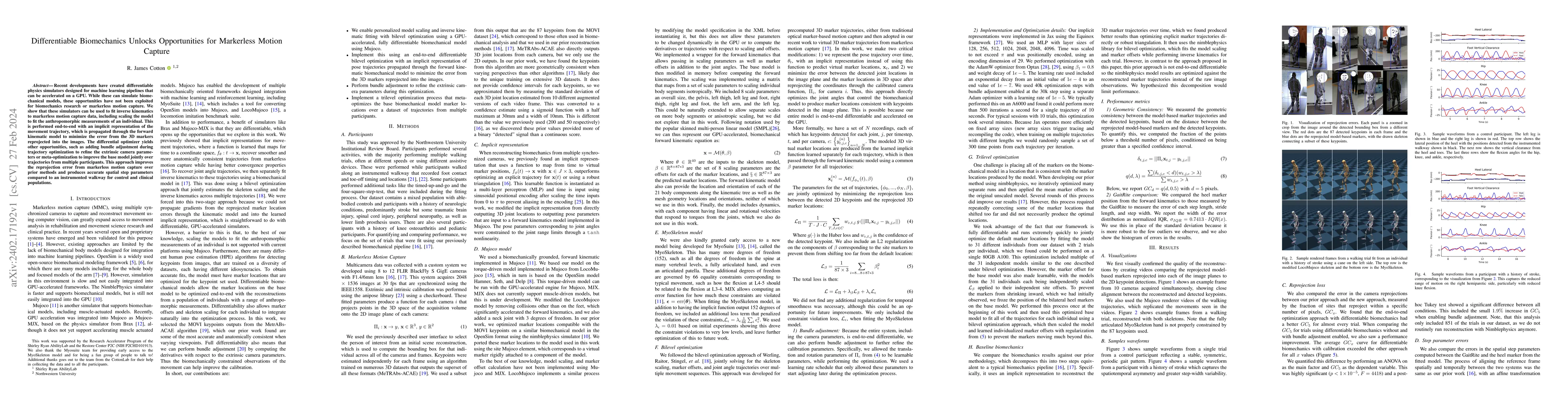 Thumbnail for Differentiable Biomechanics Unlocks Opportunities for Markerless Motion
  Capture