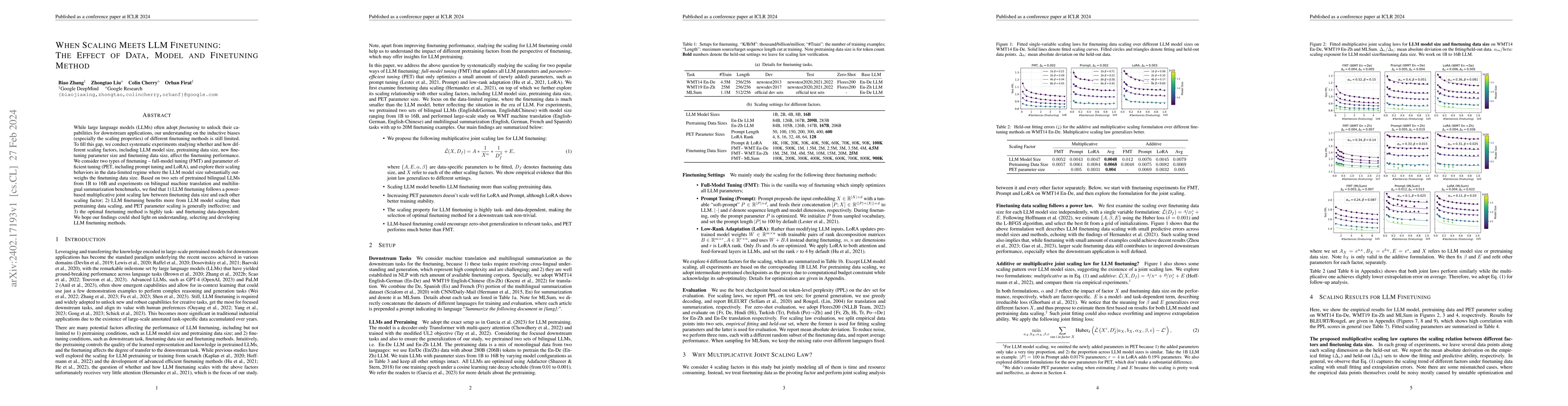 Thumbnail for When Scaling Meets LLM Finetuning: The Effect of Data, Model and
  Finetuning Method