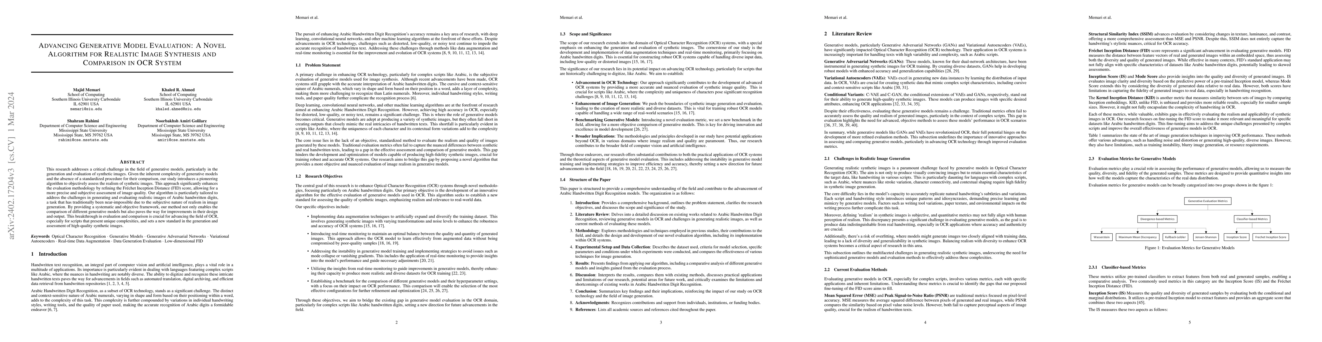 Thumbnail for Advancing Generative Model Evaluation: A Novel Algorithm for Realistic
  Image Synthesis and Comparison in OCR System