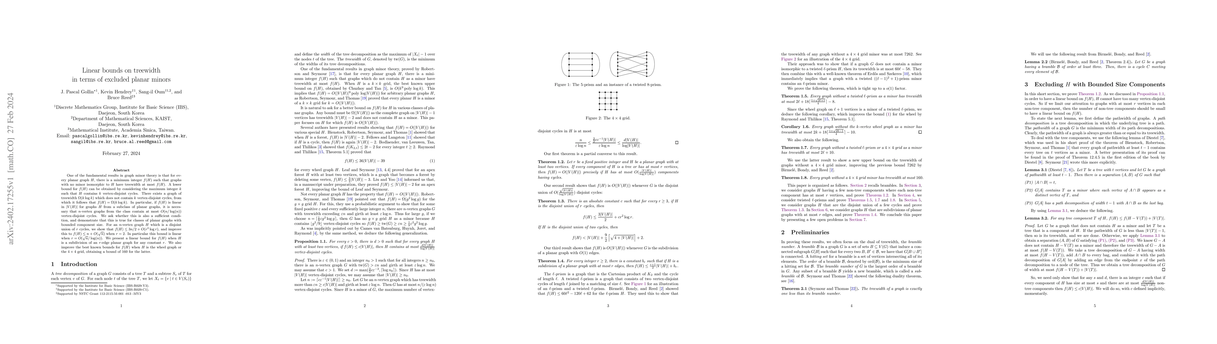 Thumbnail for Linear bounds on treewidth in terms of excluded planar minors