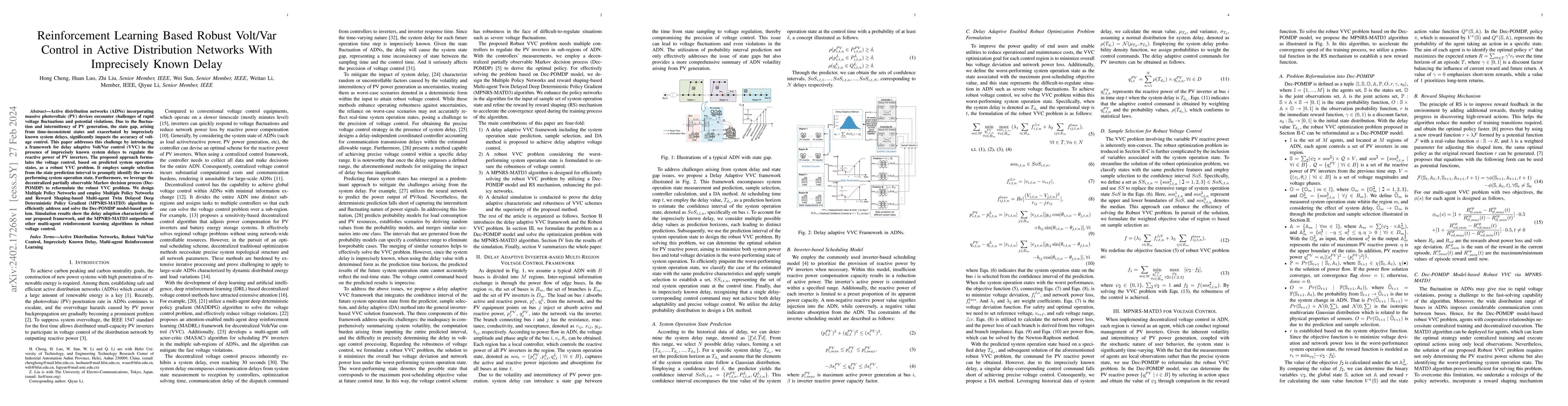 Thumbnail for Reinforcement Learning Based Robust Volt/Var Control in Active
  Distribution Networks With Imprecisely Known Delay