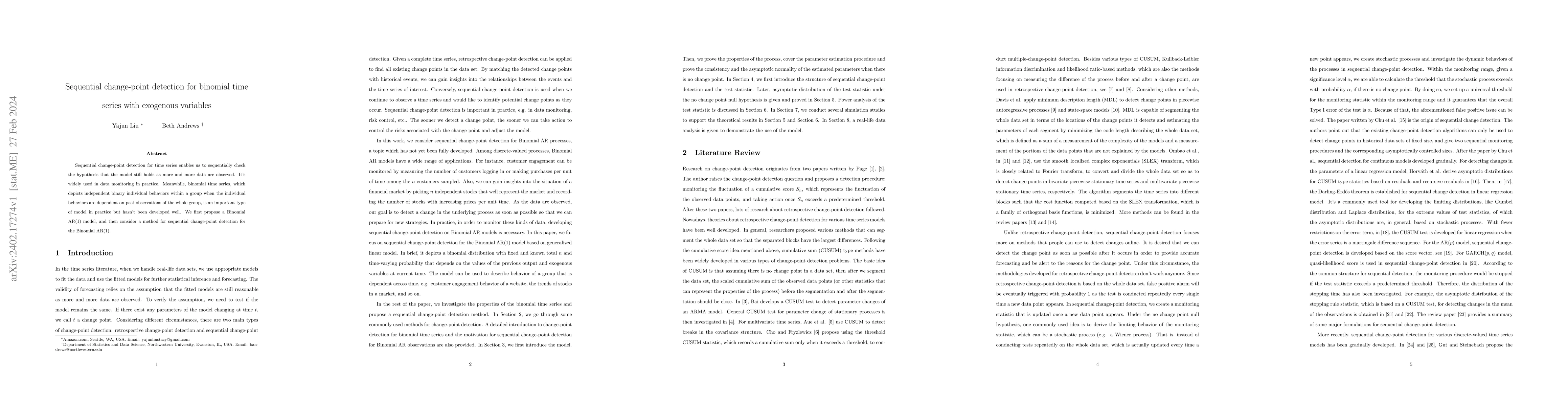 Thumbnail for Sequential Change-point Detection for Binomial Time Series with
  Exogenous Variables
