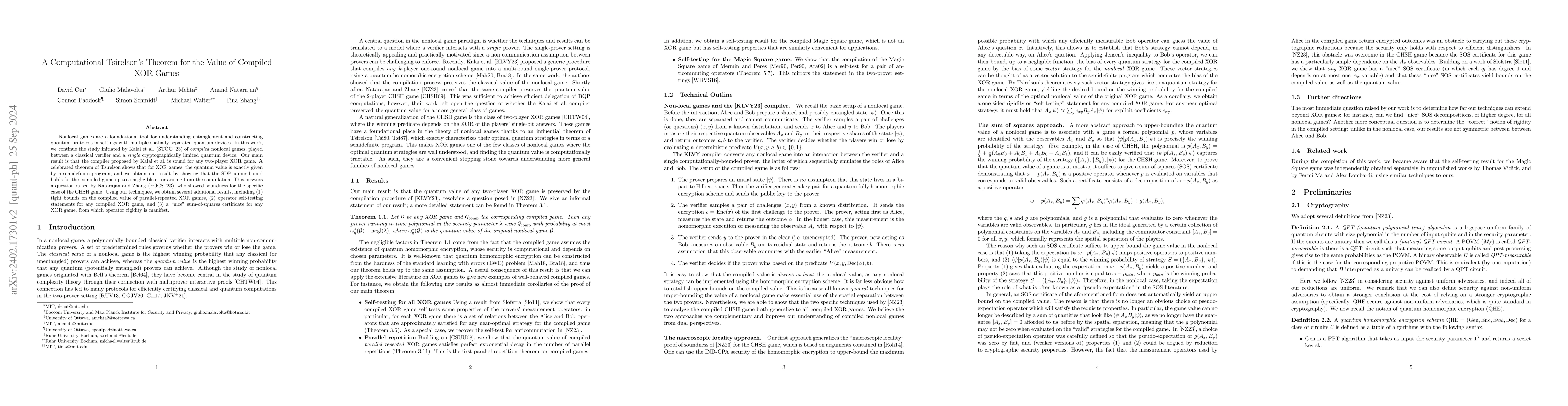 Thumbnail for A Computational Tsirelson's Theorem for the Value of Compiled XOR Games