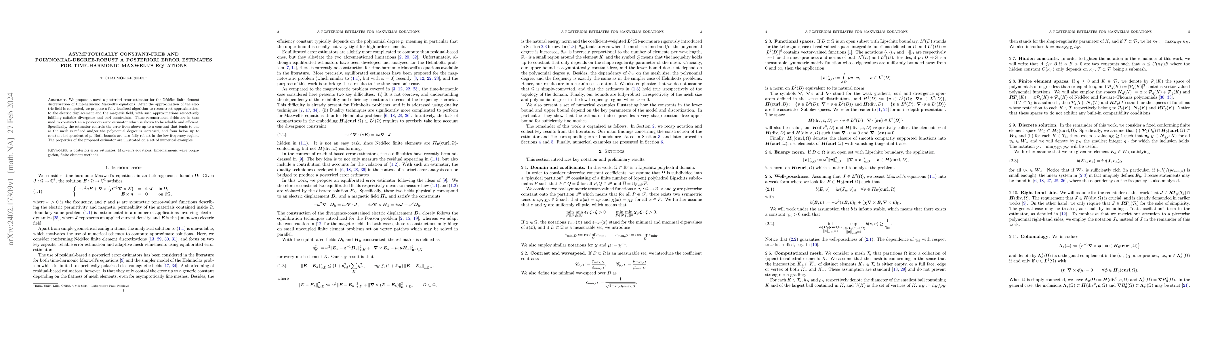 Thumbnail for Asymptotically constant-free and polynomial-degree-robust a posteriori
  error estimates for time-harmonic Maxwell's equations
