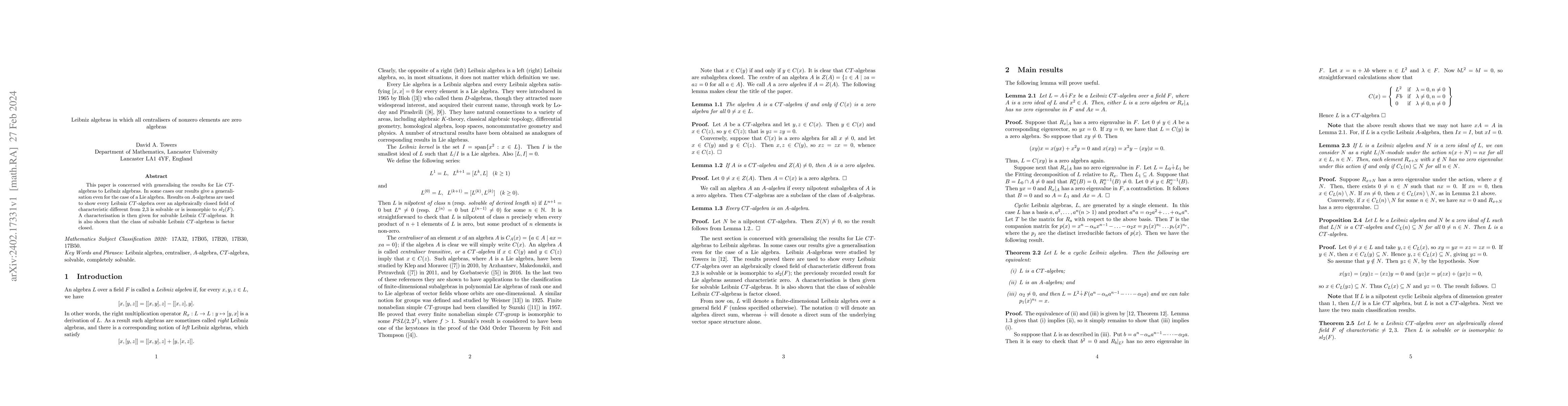 Thumbnail for Leibniz algebras in which all centralisers of nonzero elements are zero
  algebras