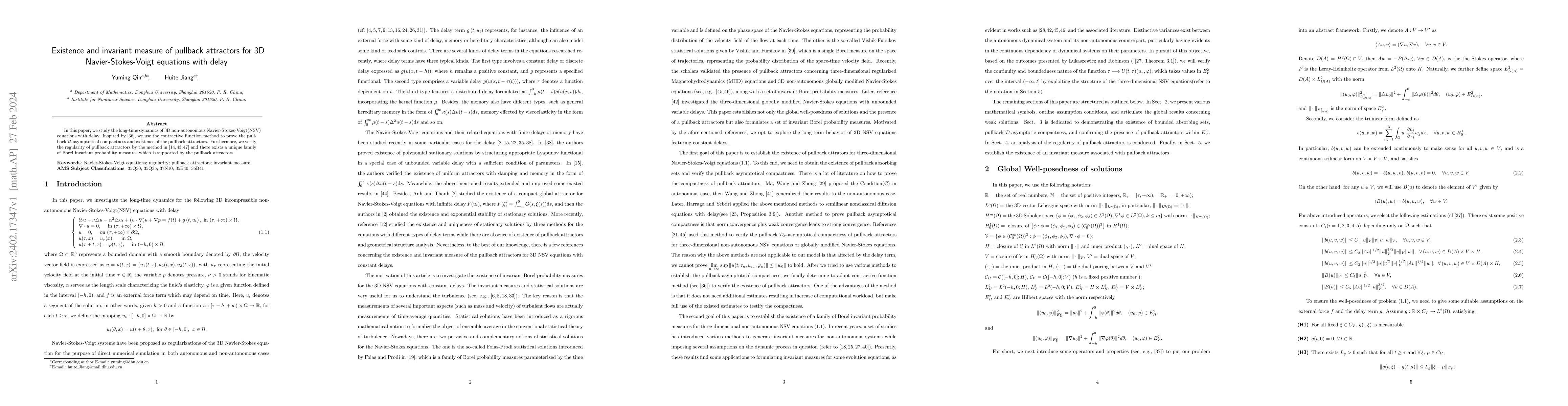 Thumbnail for Existence and invariant measure of pullback attractors for 3D
  Navier-Stokes-Voigt equations with delay
