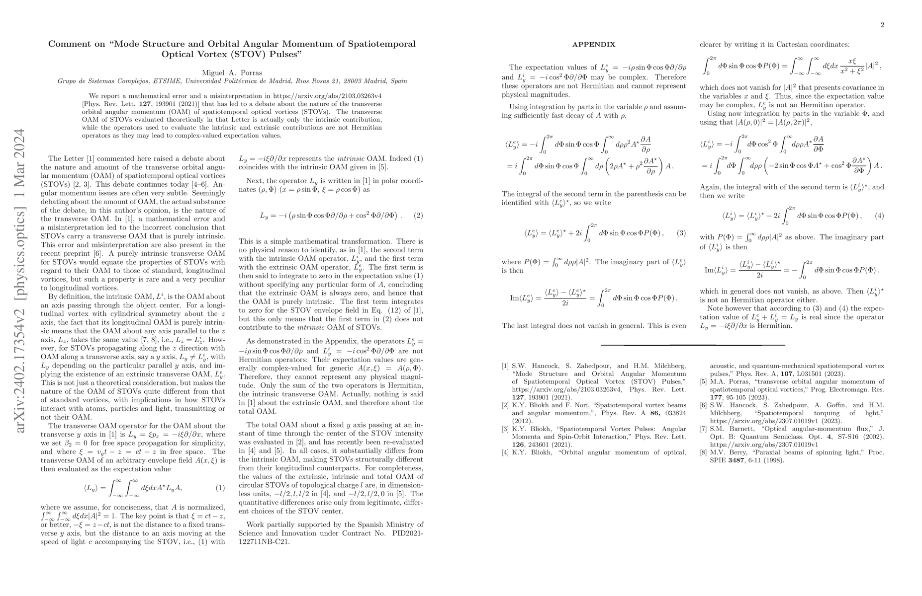 Thumbnail for Comment on "Mode Structure and Orbital Angular Momentum of
  Spatiotemporal Optical Vortex (STOV) Pulses"