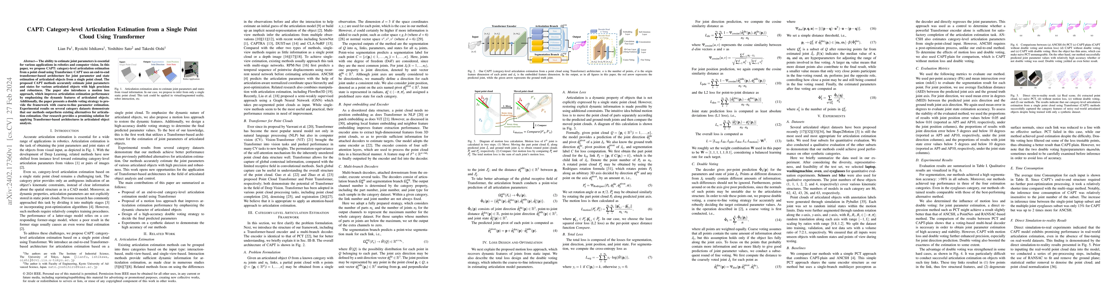 Thumbnail for CAPT: Category-level Articulation Estimation from a Single Point Cloud
  Using Transformer
