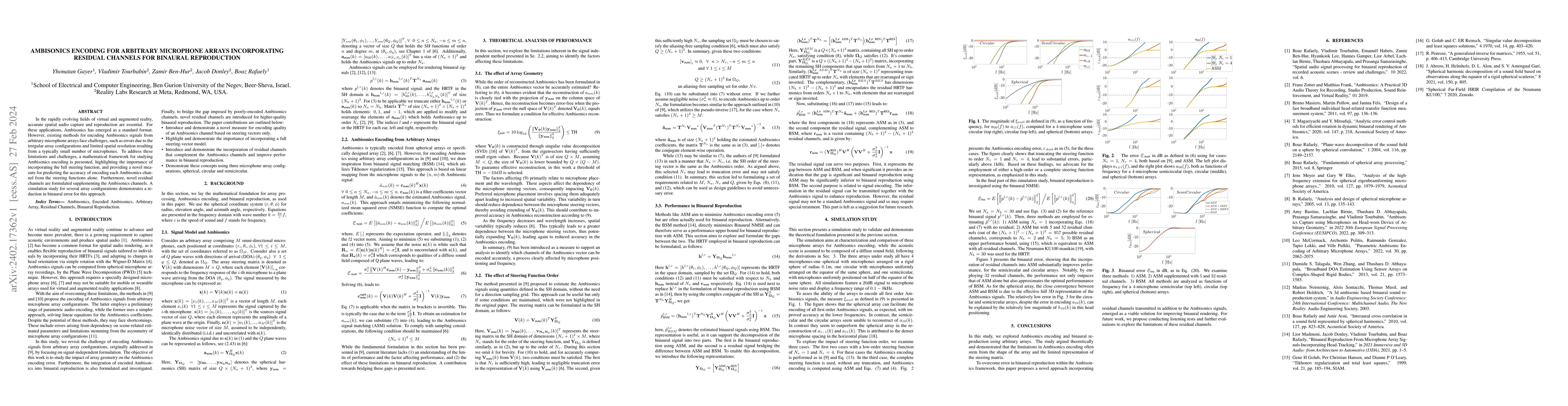 Thumbnail for Ambisonics Encoding For Arbitrary Microphone Arrays Incorporating
  Residual Channels For Binaural Reproduction