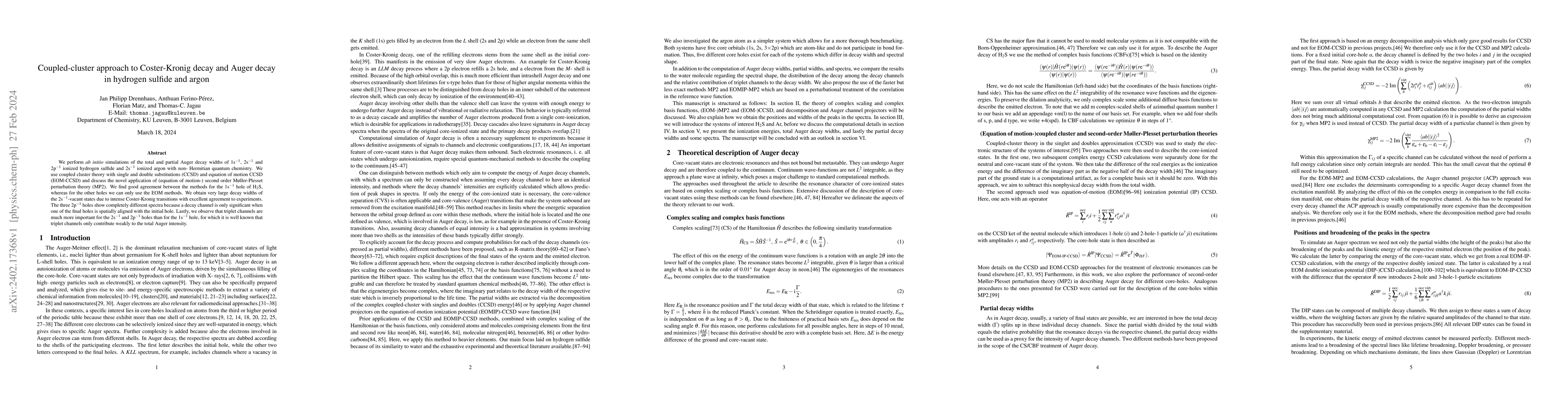 Thumbnail for Coupled-cluster approach to Coster-Kronig decay and Auger decay in
  hydrogen sulfide and argon