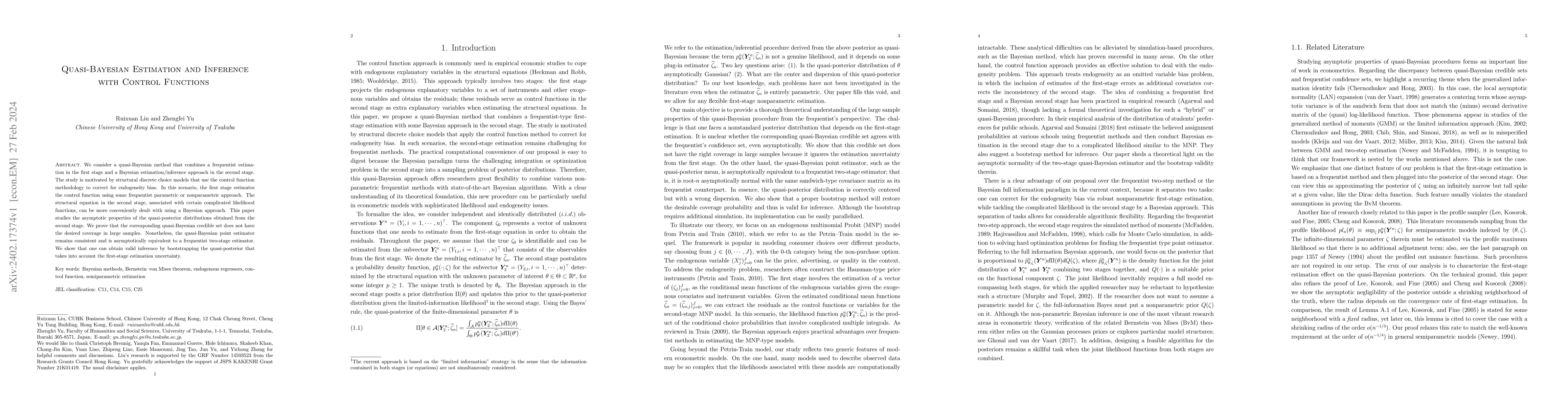Thumbnail for Quasi-Bayesian Estimation and Inference with Control Functions