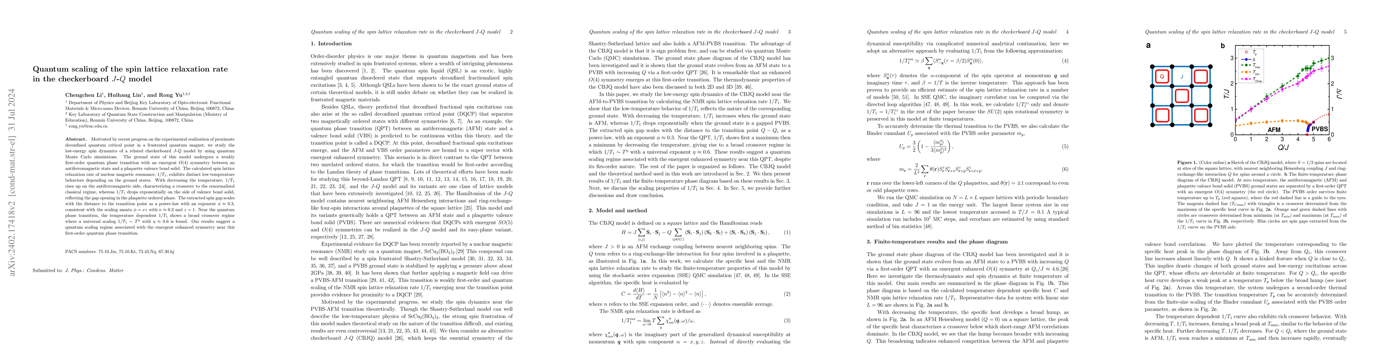 Thumbnail for Quantum scaling of the spin lattice relaxation rate in the checkerboard
  $J$-$Q$ model