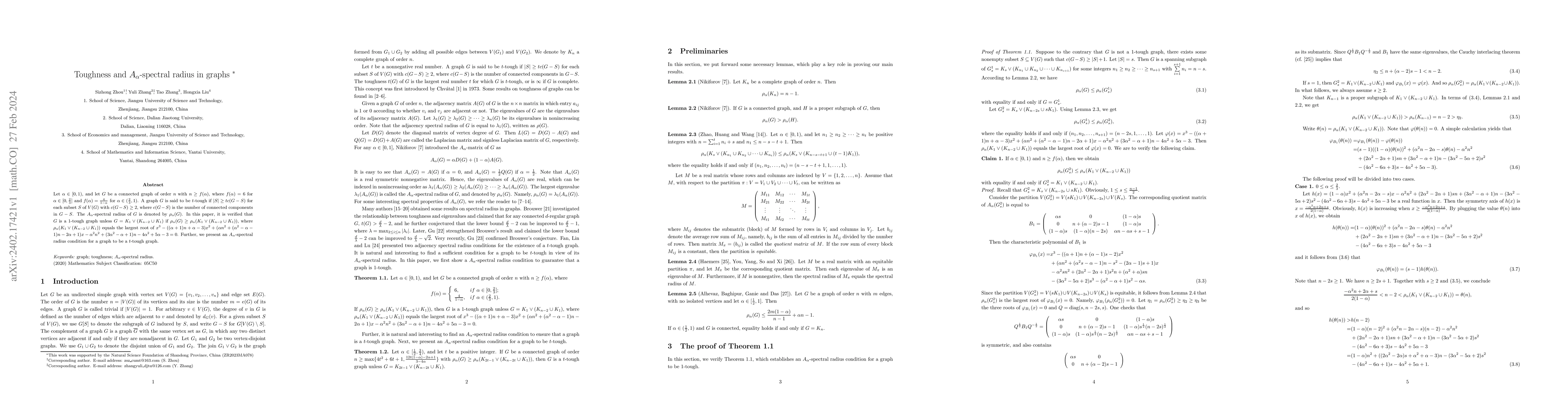 Thumbnail for Toughness and A{\alpha}-spectral radius in graphs