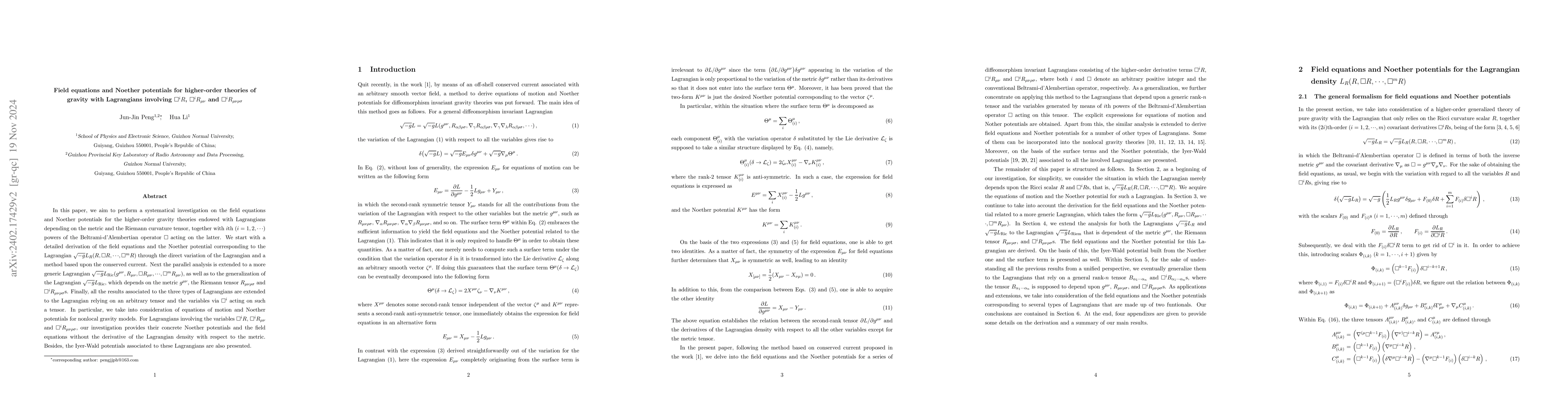 Thumbnail for Field equations and Noether potentials for higher-order theories of
  gravity with Lagrangians involving $\Box^i R$, $\Box^i R_{\mu\nu}$ and
  $\Box^i R_{\mu\nu\rho\sigma}$