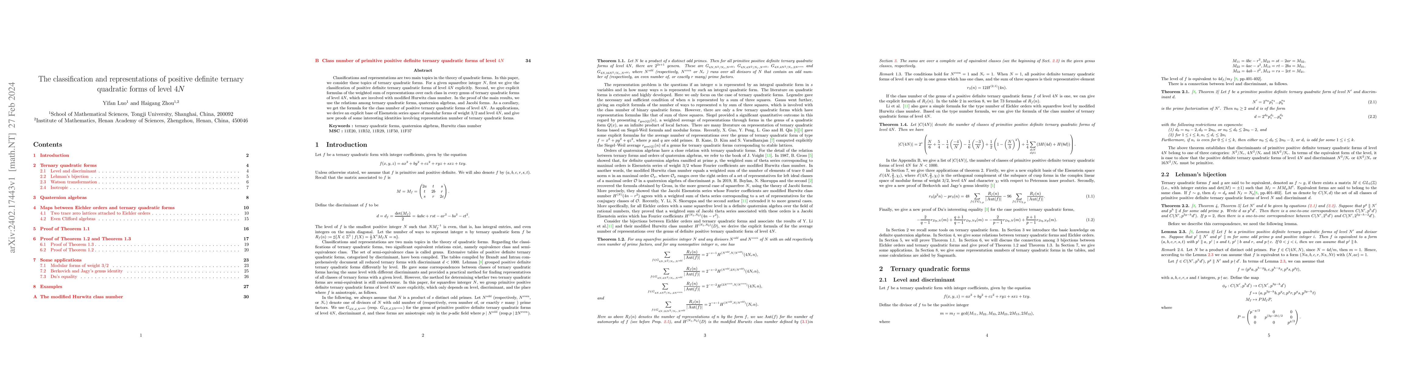 Thumbnail for The classification and representations of positive definite ternary
  quadratic forms of level 4N