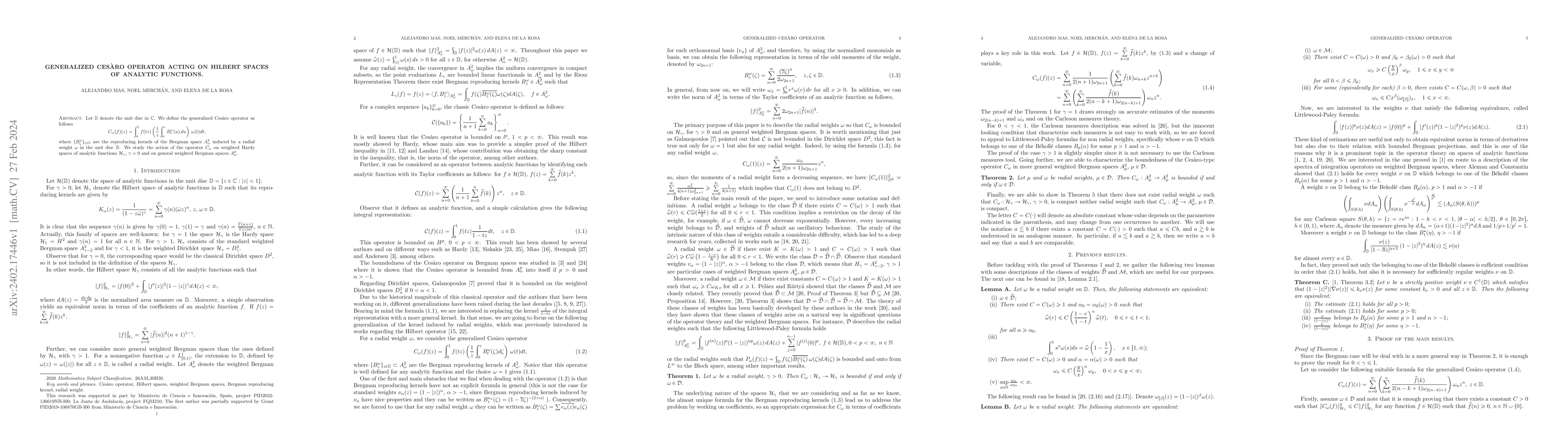 Thumbnail for Generalized Ces\`aro operator acting on Hilbert spaces of analytic
  functions
