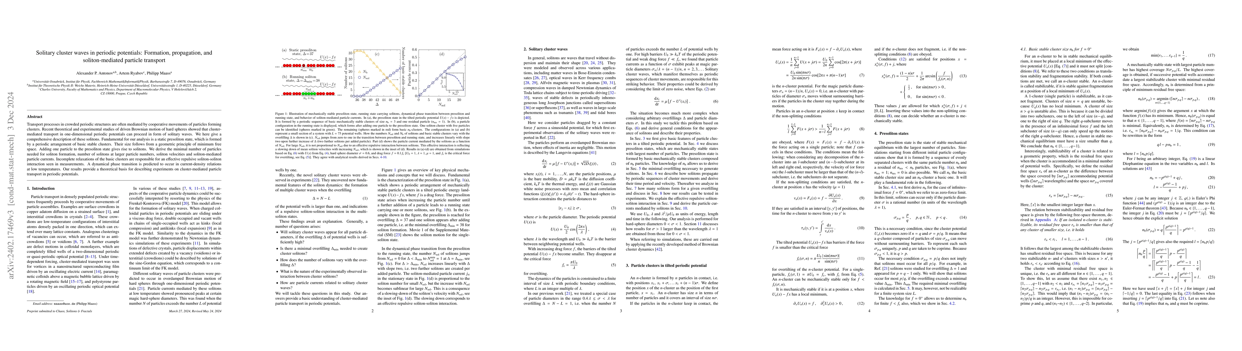 Thumbnail for Solitary cluster waves in periodic potentials: Formation, propagation,
  and soliton-mediated particle transport
