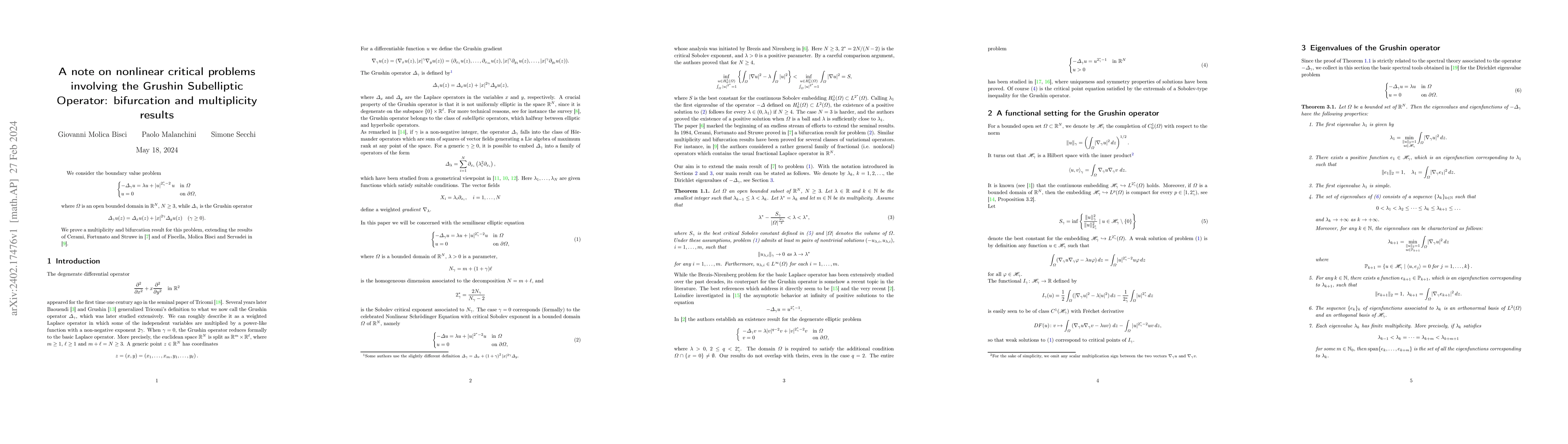 Thumbnail for A note on nonlinear critical problems involving the Grushin Subelliptic
  Operator: bifurcation and multiplicity results
