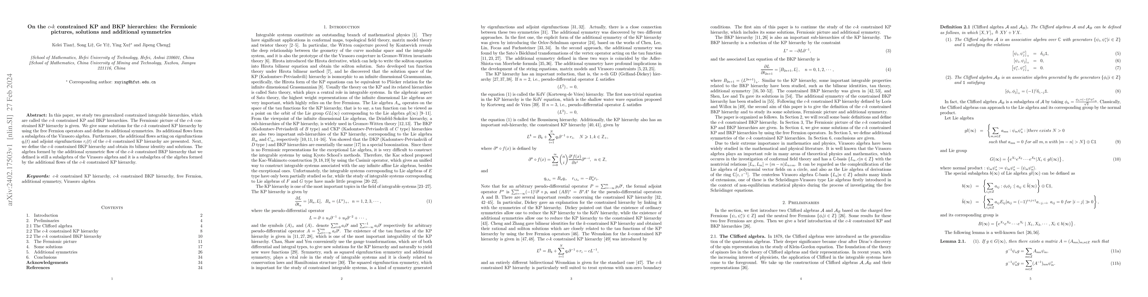 Thumbnail for On the c-k constrained KP and BKP hierarchies: the Fermionic pictures,
  solutions and additional symmetries