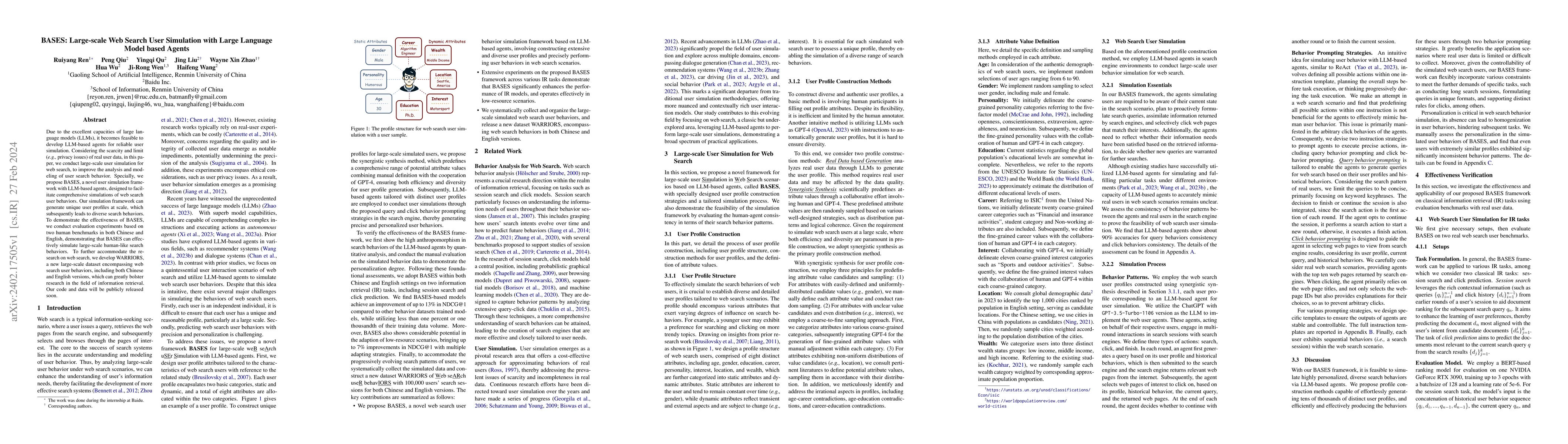 Thumbnail for BASES: Large-scale Web Search User Simulation with Large Language Model
  based Agents