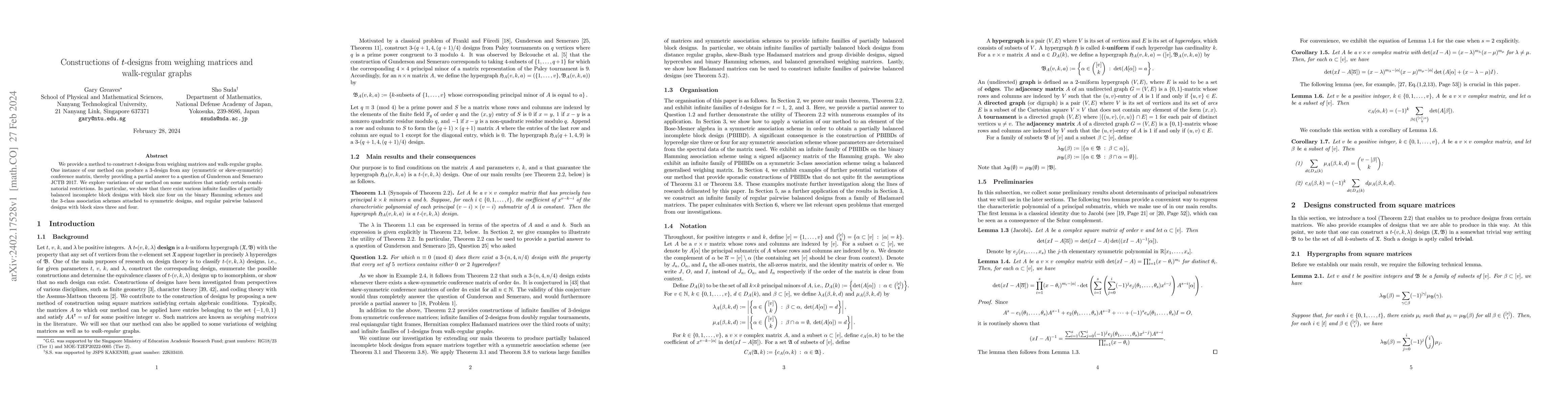 Thumbnail for Constructions of $t$-designs from weighing matrices and walk-regular
  graphs