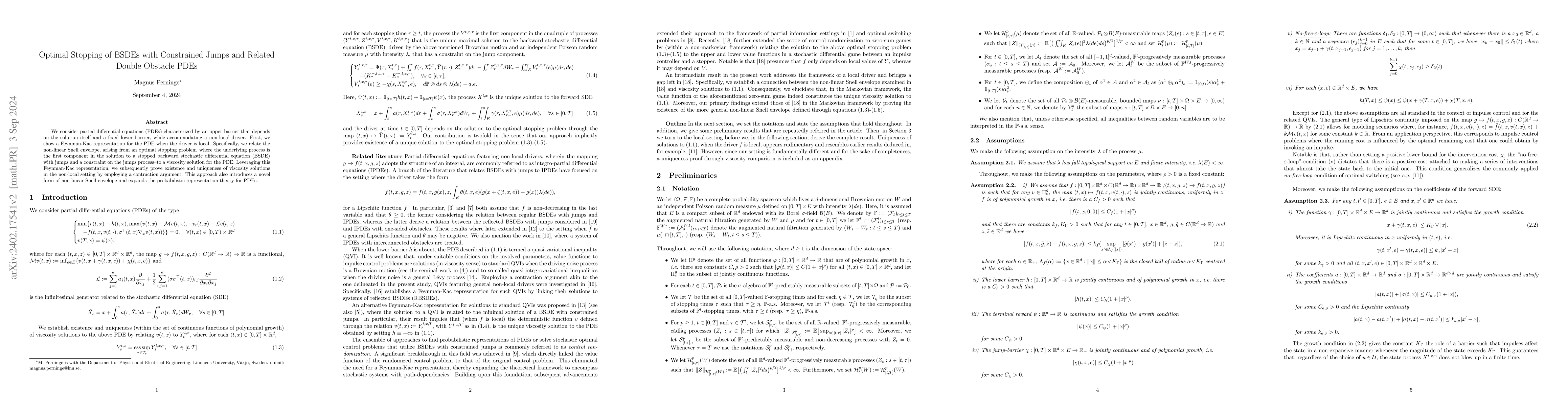 Thumbnail for Optimal Stopping of BSDEs with Constrained Jumps and Related Double
  Obstacle PDEs