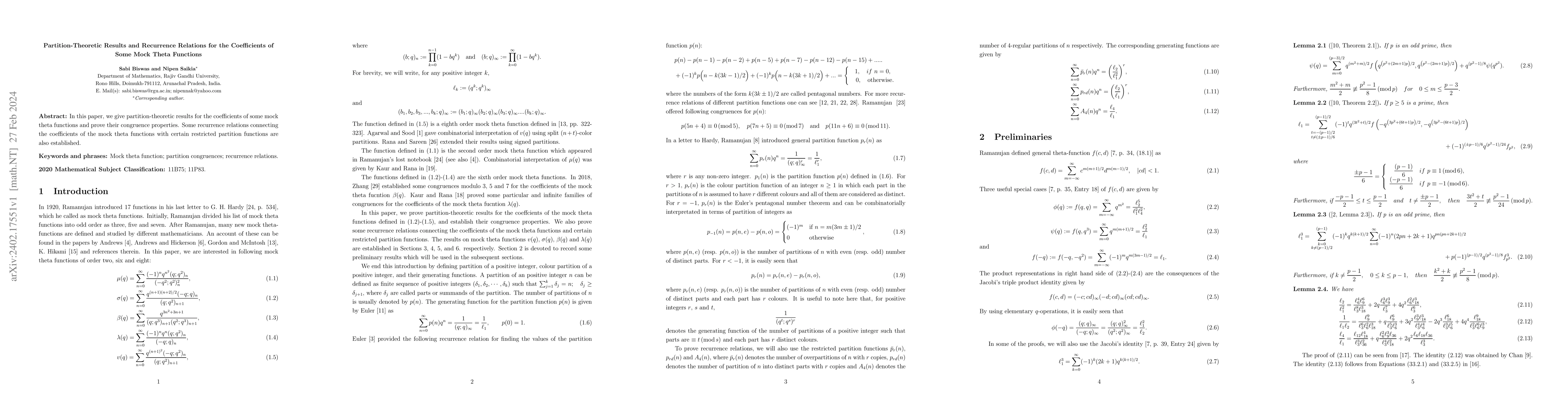 Thumbnail for Partition-Theoretic Results and Recurrence Relations for the
  Coefficients of Some Mock Theta Functions