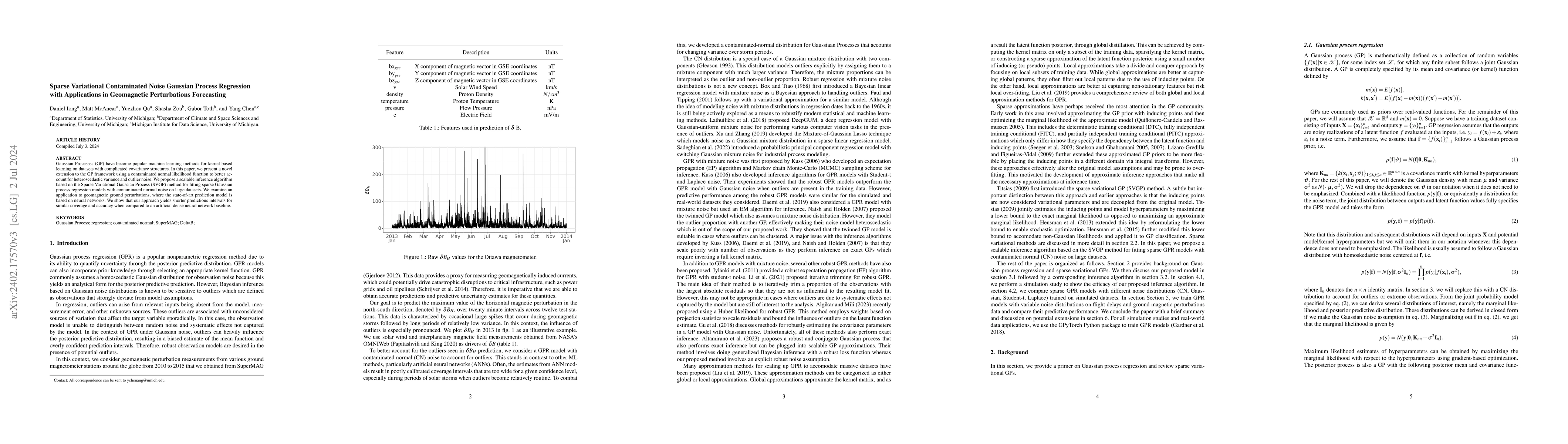Thumbnail for Sparse Variational Contaminated Noise Gaussian Process Regression with
  Applications in Geomagnetic Perturbations Forecasting