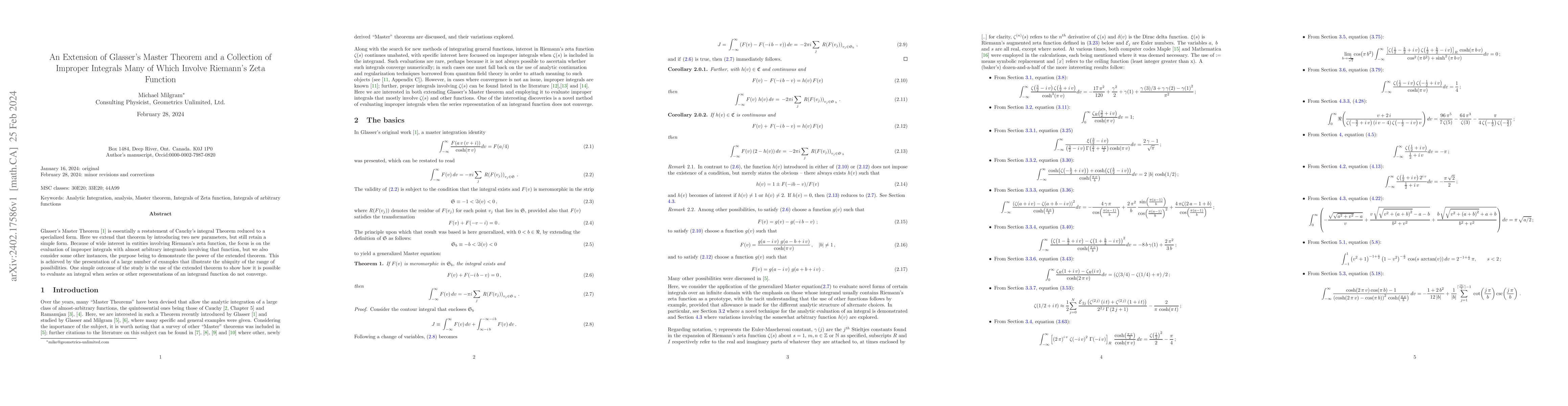 Thumbnail for An Extension of Glasser's Master Theorem and a Collection of Improper
  Integrals Many of Which Involve Riemann's Zeta Function