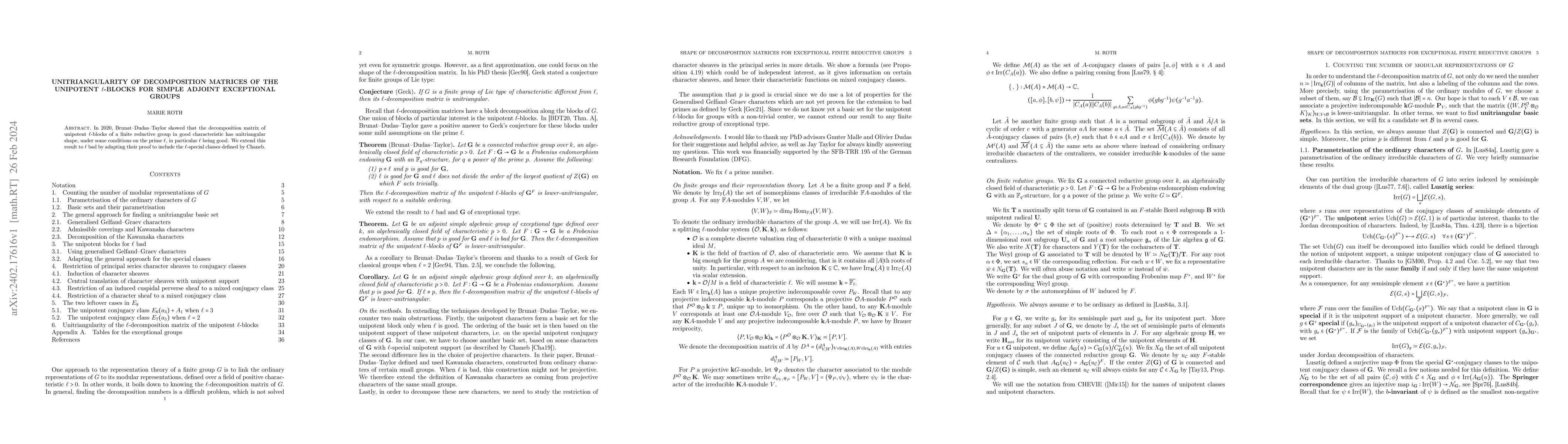 Thumbnail for Unitriangularity of decomposition matrices of the unipotent
  ${\ell}$-blocks for simple adjoint exceptional groups
