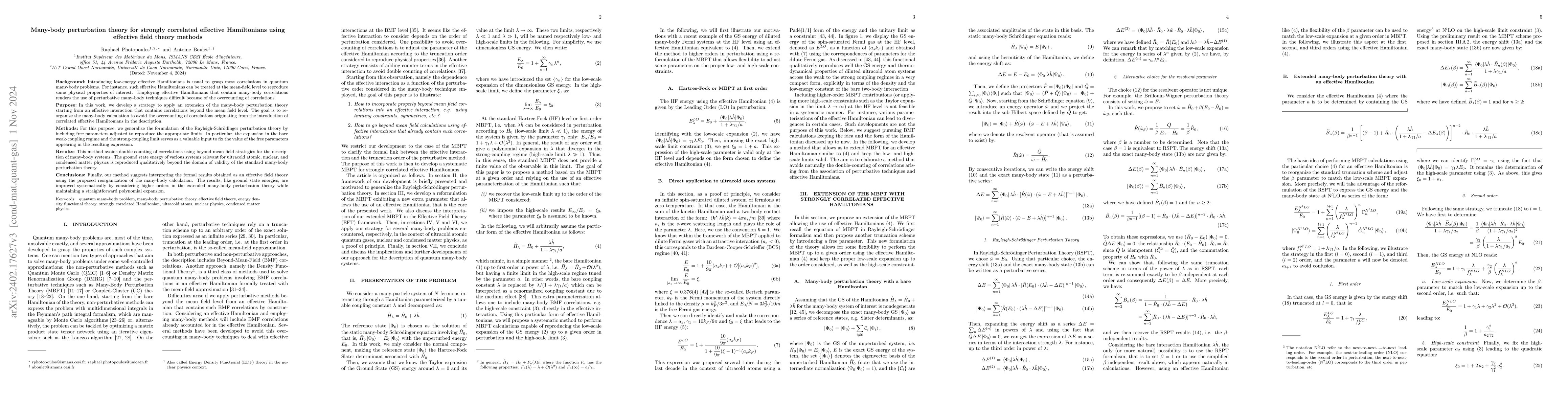 Thumbnail for Many-body perturbation theory for strongly correlated effective
  Hamiltonians using effective field theory methods