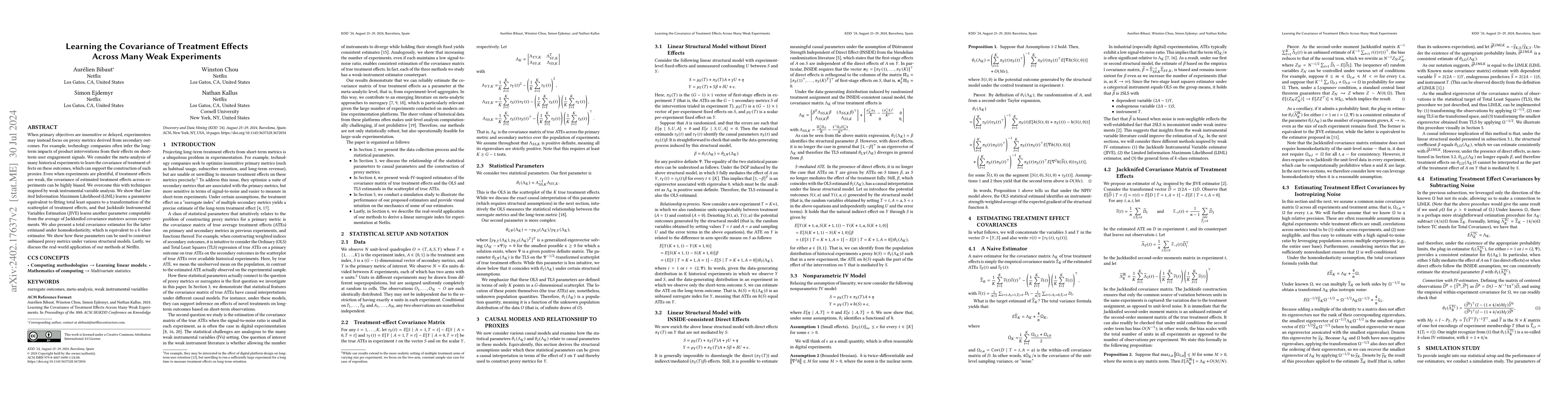 Thumbnail for Learning the Covariance of Treatment Effects Across Many Weak
  Experiments