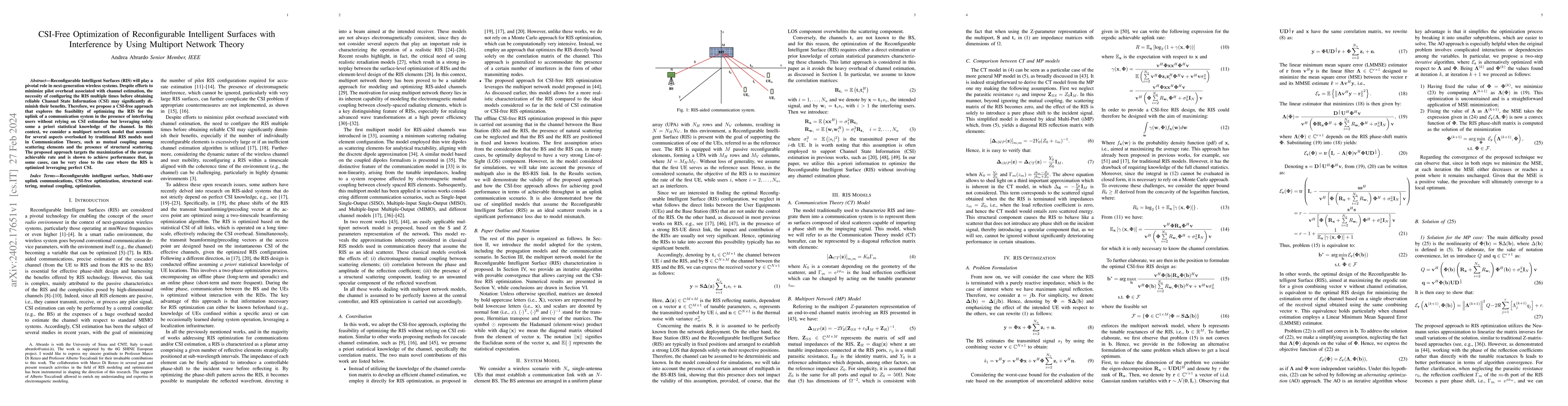 Thumbnail for CSI-Free Optimization of Reconfigurable Intelligent Surfaces with
  Interference by Using Multiport Network Theory