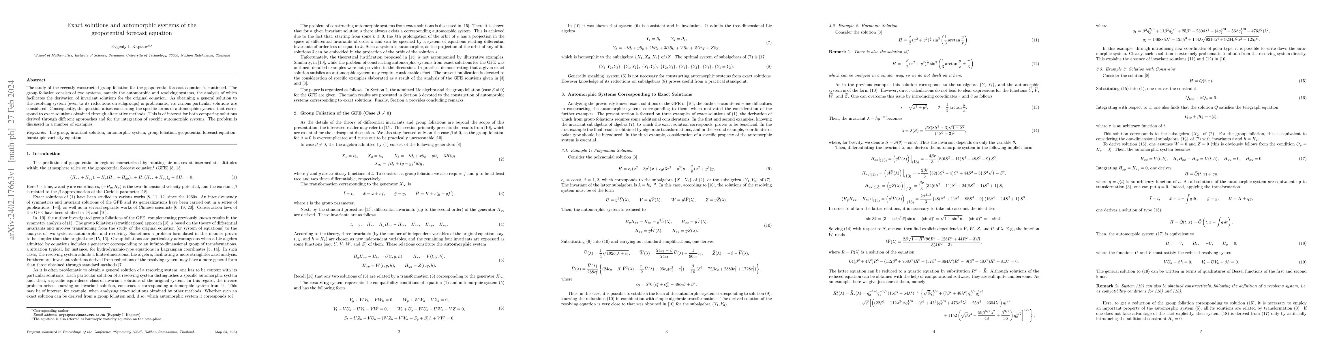 Thumbnail for Exact solutions and automorphic systems of the geopotential forecast
  equation