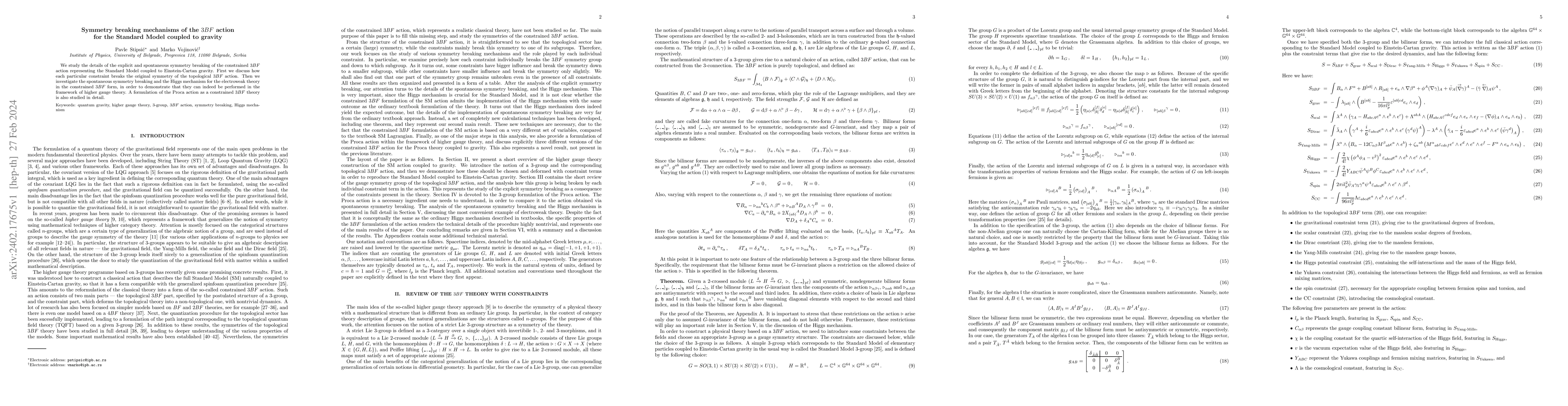 Thumbnail for Symmetry breaking mechanisms of the 3BF action for the Standard Model
  coupled to gravity