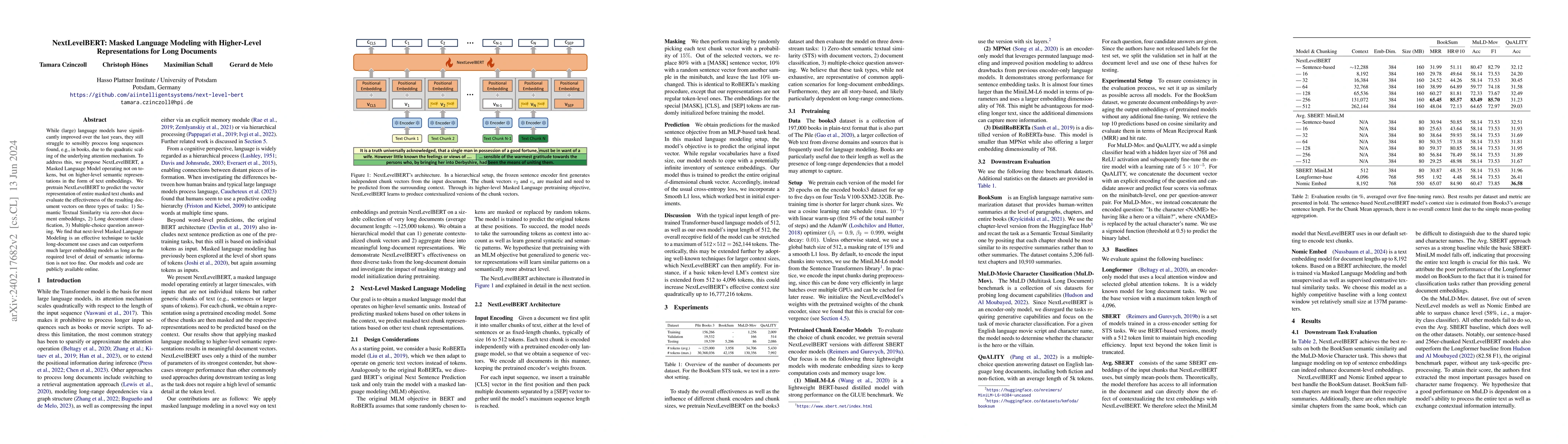 Thumbnail for NextLevelBERT: Masked Language Modeling with Higher-Level
  Representations for Long Documents