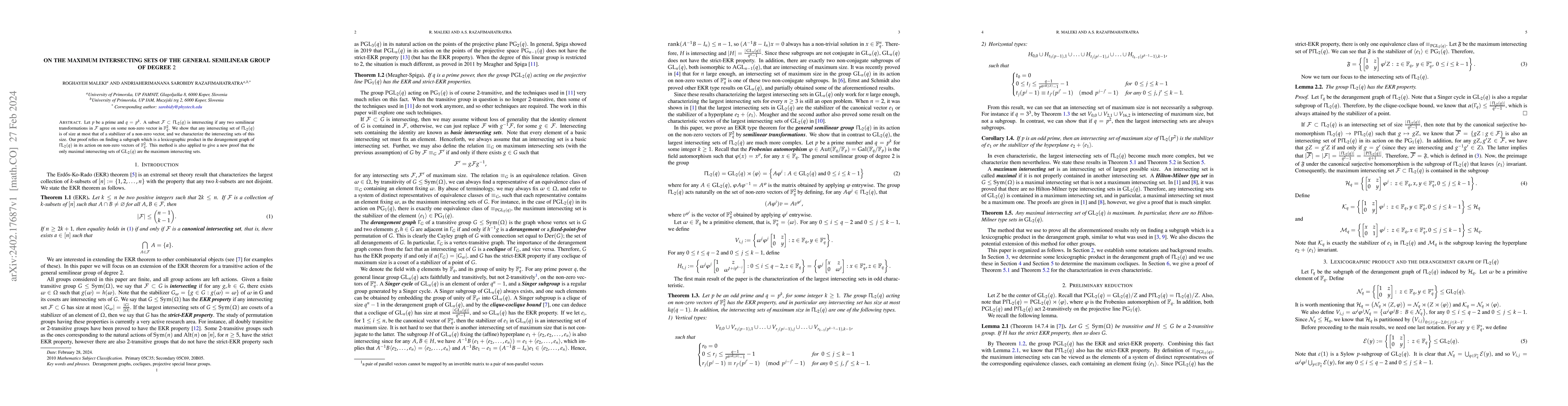 Thumbnail for On the maximum intersecting sets of the general semilinear group of
  degree $2$