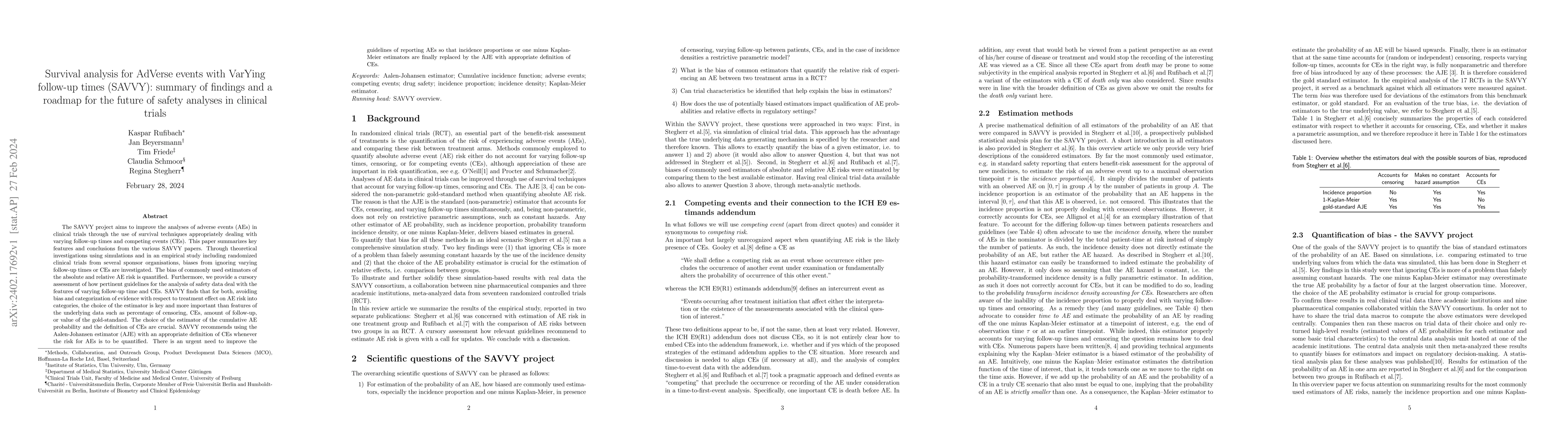 Thumbnail for Survival analysis for AdVerse events with VarYing follow-up times
  (SAVVY): summary of findings and a roadmap for the future of safety analyses
  in clinical trials