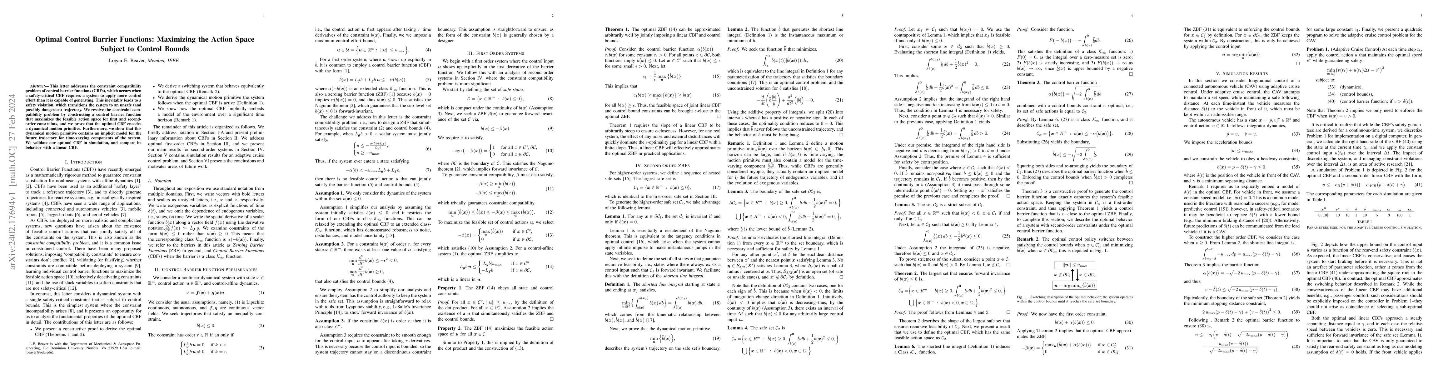 Thumbnail for Optimal Control Barrier Functions: Maximizing the Action Space Subject
  to Control Bounds