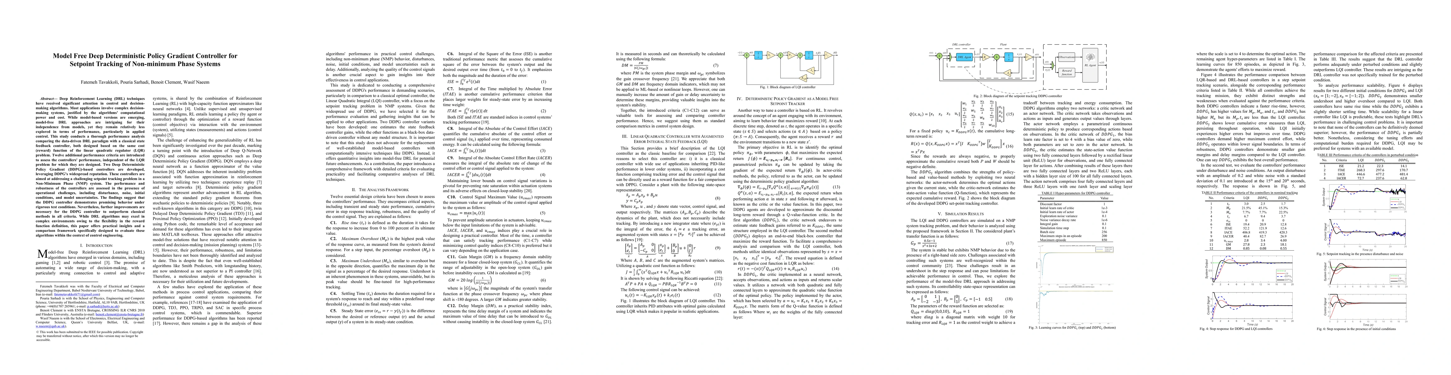 Thumbnail for Model Free Deep Deterministic Policy Gradient Controller for Setpoint
  Tracking of Non-minimum Phase Systems