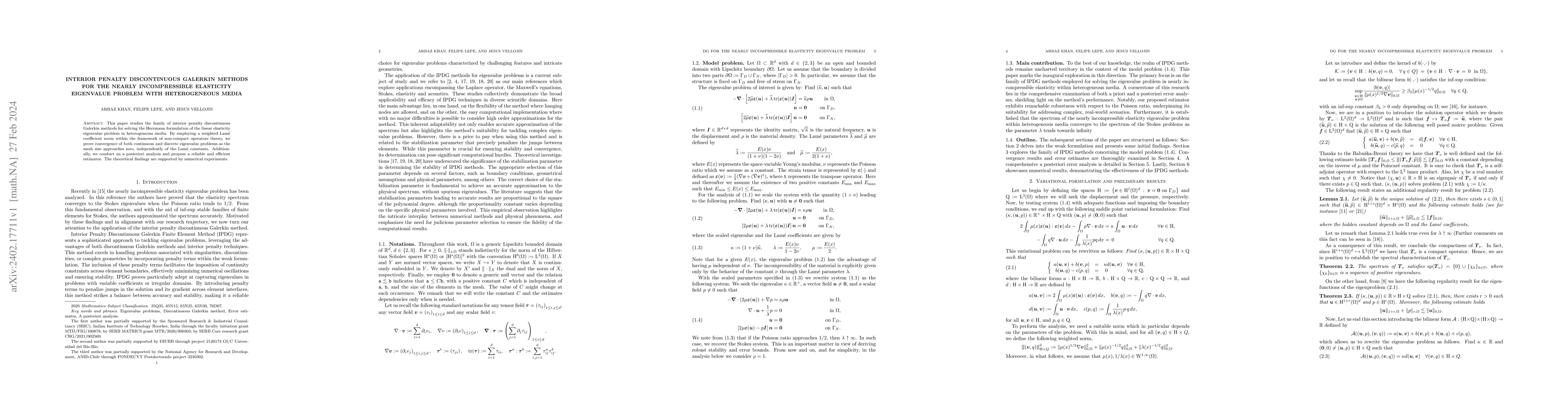 Thumbnail for Interior penalty discontinuous Galerkin methods for the nearly
  incompressible elasticity eigenvalue problem with heterogeneous media