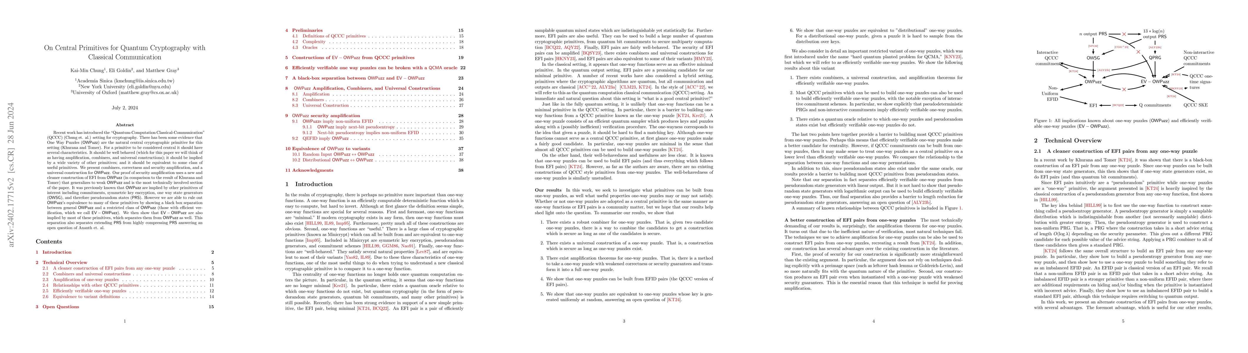 Thumbnail for On Central Primitives for Quantum Cryptography with Classical
  Communication