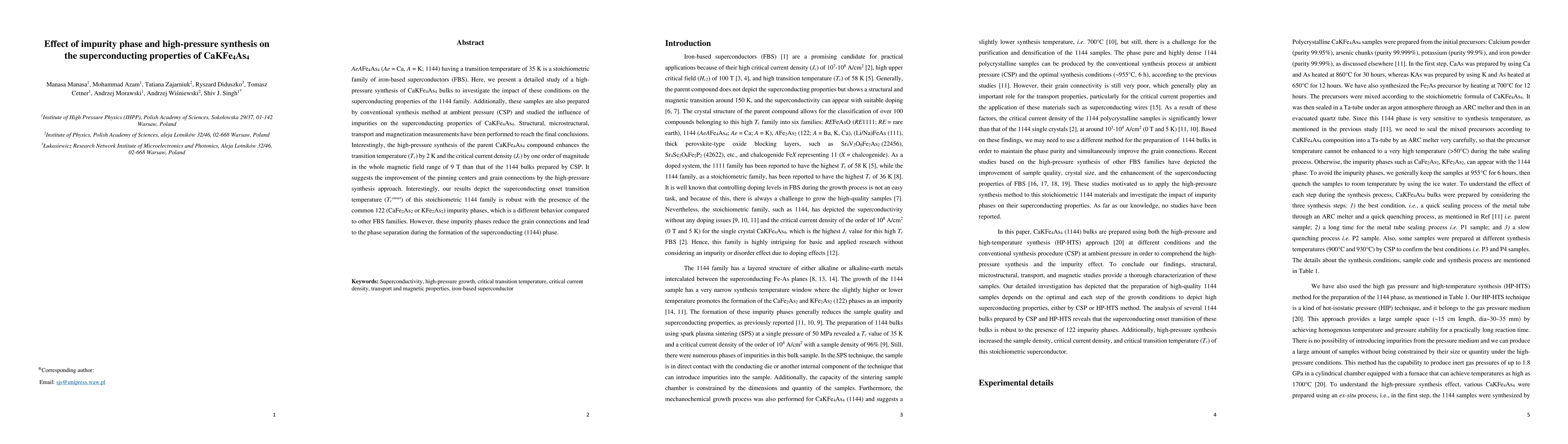 Thumbnail for Effect of impurity phase and high-pressure synthesis on the
  superconducting properties of CaKFe4As4