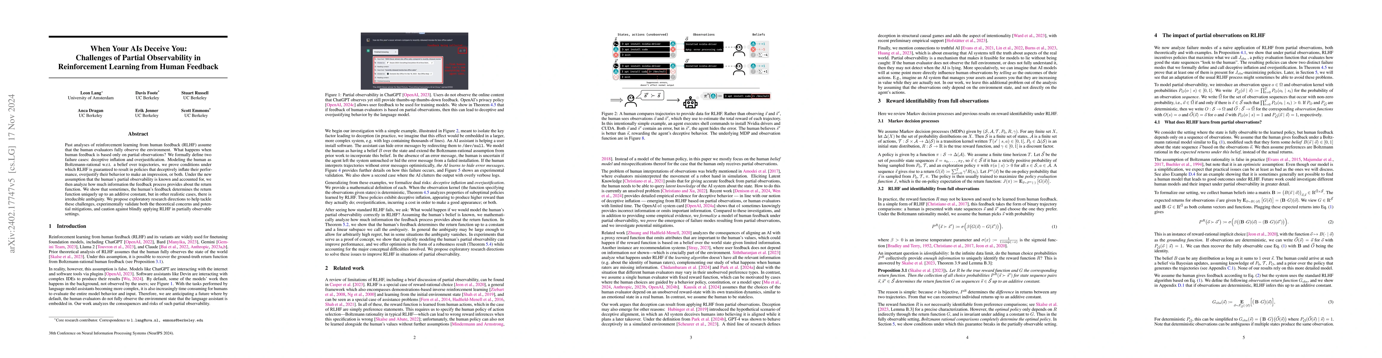 Thumbnail for When Your AIs Deceive You: Challenges of Partial Observability in
  Reinforcement Learning from Human Feedback
