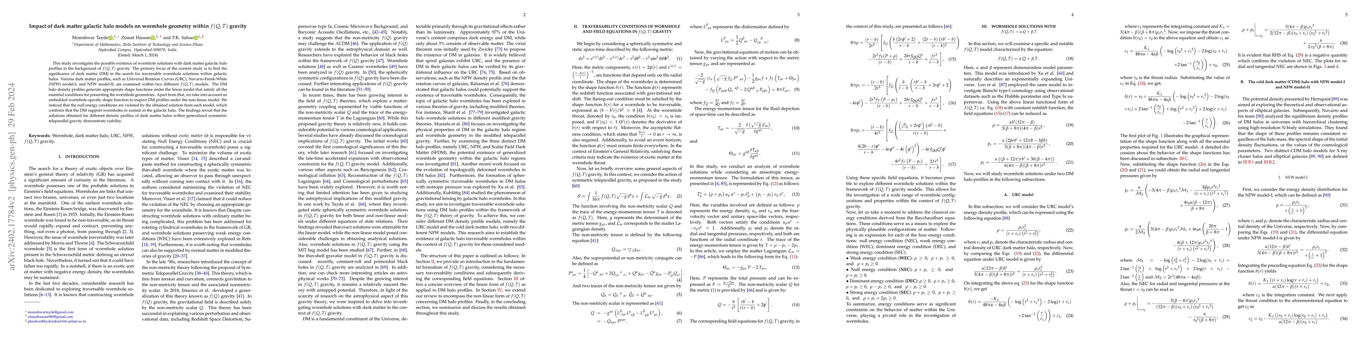 Thumbnail for Impact of dark matter galactic halo models on wormhole geometry within
  $f(Q,T)$ gravity