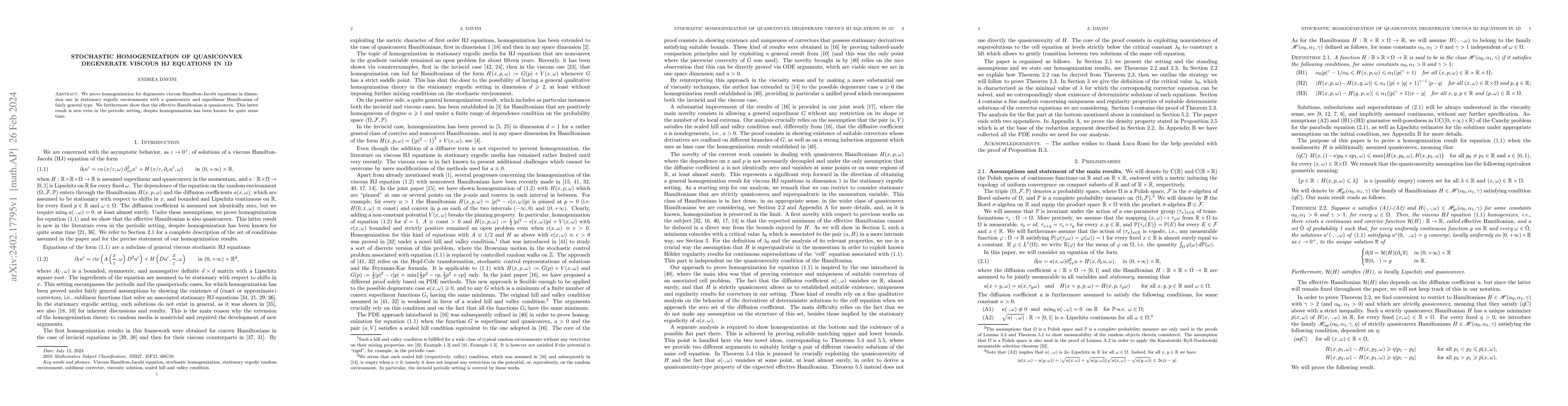 Thumbnail for Stochastic homogenization of quasiconvex degenerate viscous HJ equations
  in 1d