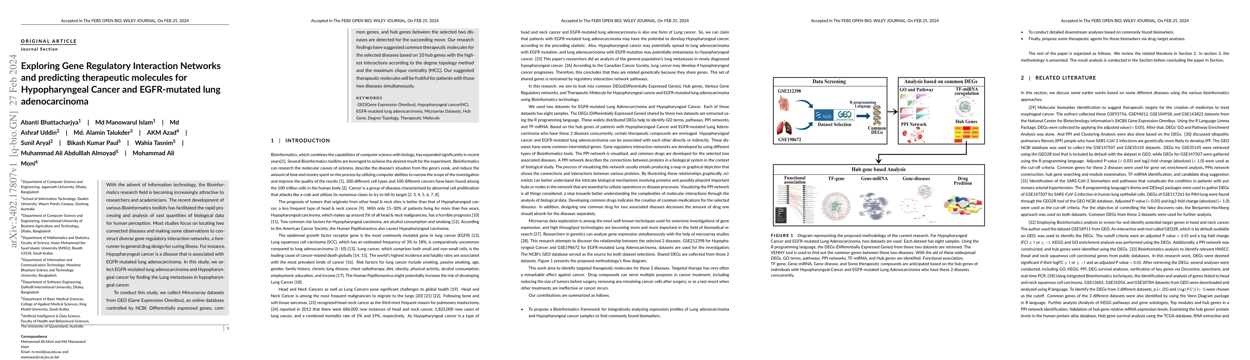 Thumbnail for Exploring Gene Regulatory Interaction Networks and predicting
  therapeutic molecules for Hypopharyngeal Cancer and EGFR-mutated lung
  adenocarcinoma